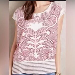 NWat Sakkas Women’s White Cap Sleeve Blouse Top Red Embroidery Design - Size L